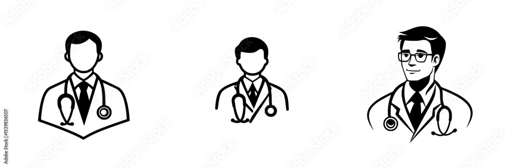 Set of black icons representing healthcare professionals with stethoscopes in various poses and styles for medical purposes Set of black icons representing healthcare professionals with stethoscopes in various poses and styles for medical purposes