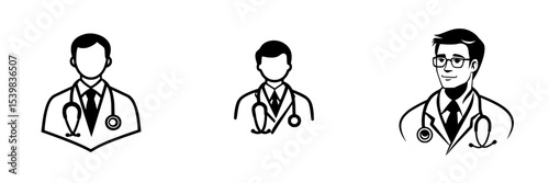 Set of black icons representing healthcare professionals with stethoscopes in various poses and styles for medical purposes