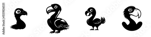 Various black icons depicting diverse bird figures with playful expressions in a simplistic art style suitable for creative designs