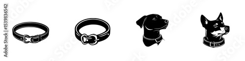 Black dog icons featuring collars and heads showcasing various designs and styles for branding and illustration purposes