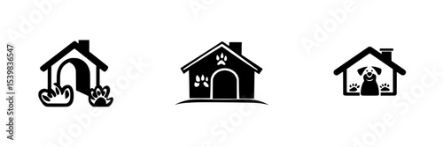 Black icon set representing pet houses with different designs and features suitable for various animal companions
