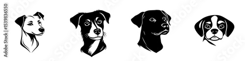 Black icon illustrations of four distinct dog breeds showcasing unique facial features and expressions