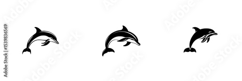 Set of black dolphin icons showcasing playful aquatic movements against a white background