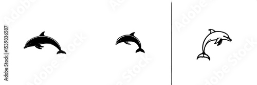 Stylized black dolphin icons displaying variations of jumping and playful movement in a simple design
