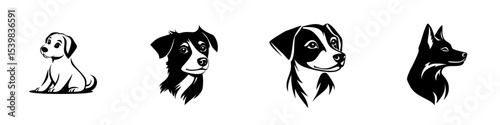 Set of four black dog icons featuring different breeds and styles for graphic design and branding purposes