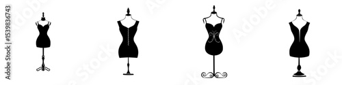 Set of four elegant black dress forms showcasing timeless fashion designs for tailoring and creativity