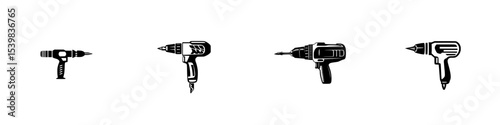 Black icon set featuring various drill designs for graphic use in tool-related projects and media
