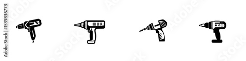 Set of black icons featuring various tools including drill, glue gun, and power screwdriver in a minimalist design