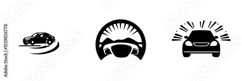Black icons representing vehicles, steering wheel, and car signals in a minimalistic design style