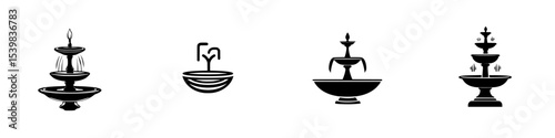 Set of four black icon designs featuring various fountain styles for creative projects