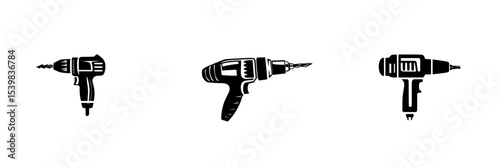 Set of black icons showcasing various drill designs for construction and DIY activities