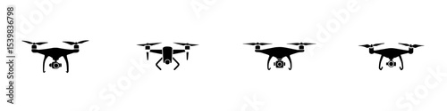 Set of four black icons representing different types of drones for aerial photography and videography usage