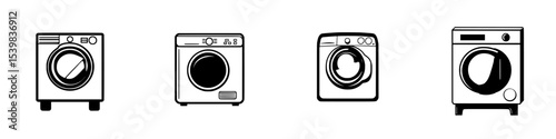 Black icons representing various washing machines in a modern design lined up in a row