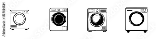 Various designs of black washing machines displayed in a row showcasing different styles and features