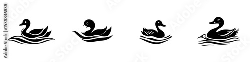 Black icon set featuring four styled ducks on water, showcasing different poses and expressions in a simple design