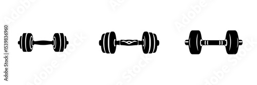 Set of black icons representing various styles of dumbbells for fitness enthusiasts and gym activities