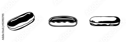 Set of three black icons representing various styles of eclairs, showcasing classic French pastry design