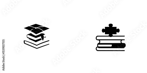 Set of black icons representing education and learning concepts featuring books and a puzzle piece