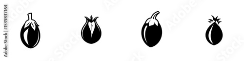 Black vegetable icons representing eggplant in various styles and shapes for creative design purposes