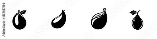 Set of black icons depicting different varieties of eggplant in a simple and modern style