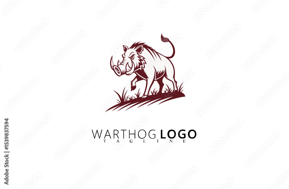 Obraz premium Bold Graphic Warthog Logo Design With Outdoor Theme. Great for Rugged Brand Identity, Nature Tourism Logos, Wildlife Merchandise, and Hunting Supply Branding With Strong Boar Symbolism.