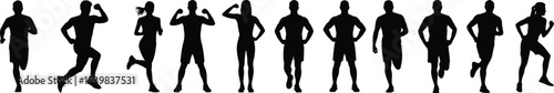 Four fitness figures in silhouette posing and exercising on a white background in a studio setting