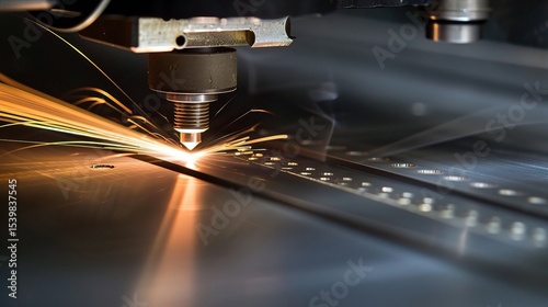 Close-up of a laser cutting machine in operation, precision-cutting a stainless steel workpiece with a high - intensity beam, smoke extraction system active, and control panel displaying cutting param