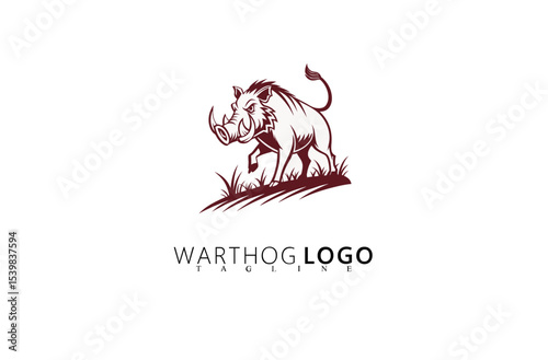Bold Graphic Warthog Logo Design With Outdoor Theme. Great for Rugged Brand Identity, Nature Tourism Logos, Wildlife Merchandise, and Hunting Supply Branding With Strong Boar Symbolism.

