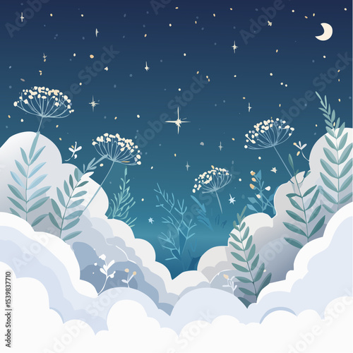 Celestial night scene with whimsical clouds and flowering plants.