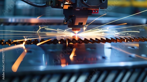 Close-up of a laser cutting machine in operation, precision-cutting a stainless steel workpiece with a high - intensity beam, smoke extraction system active, and control panel displaying cutting param
