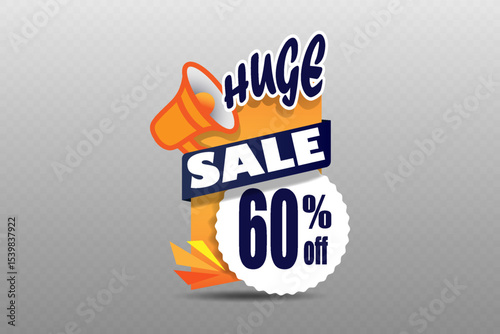 Huge sale label with megaphone icon and modern design for discount offers and marketing promotions