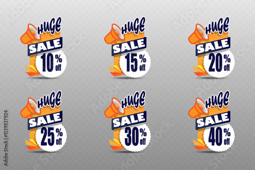 Huge sale label with megaphone icon and modern design for discount offers and marketing promotions