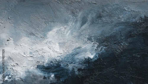 Impasto abstract painting in shades of gray and blue, depicting a turbulent, possibly stormy, seascape or landscape.  Thick brushstrokes create texture and movement