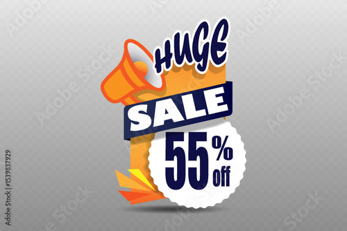 Huge sale label with megaphone icon and modern design for discount offers and marketing promotions
