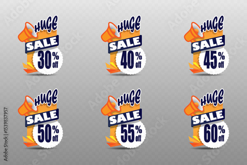 Huge sale label with megaphone icon and modern design for discount offers and marketing promotions