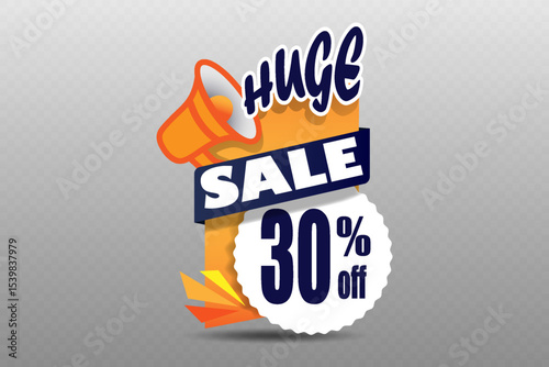 Huge sale label with megaphone icon and modern design for discount offers and marketing promotions