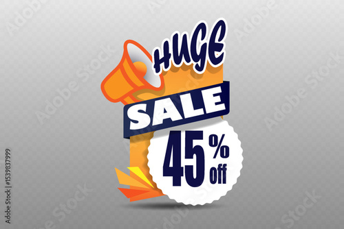 Huge sale label with megaphone icon and modern design for discount offers and marketing promotions