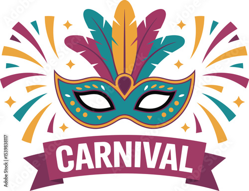 Illustration of a carnival mask with feathers and fireworks on a banner that reads carnival word art