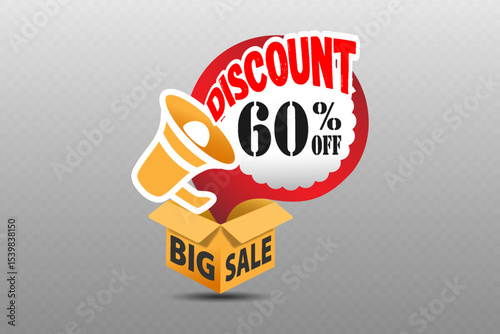 Big sale announcement with megaphone and discount cloud above open box for retail and ecommerce promotion