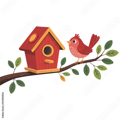 Bird sitting on wooden house vector isolated white background