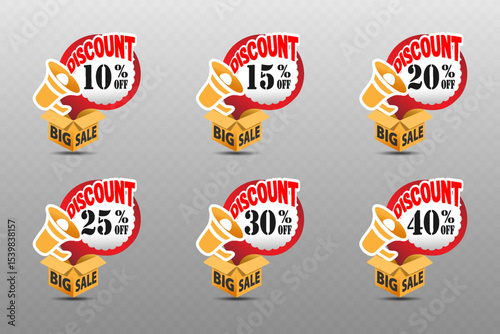 Big sale announcement with megaphone and discount cloud above open box for retail and ecommerce promotion