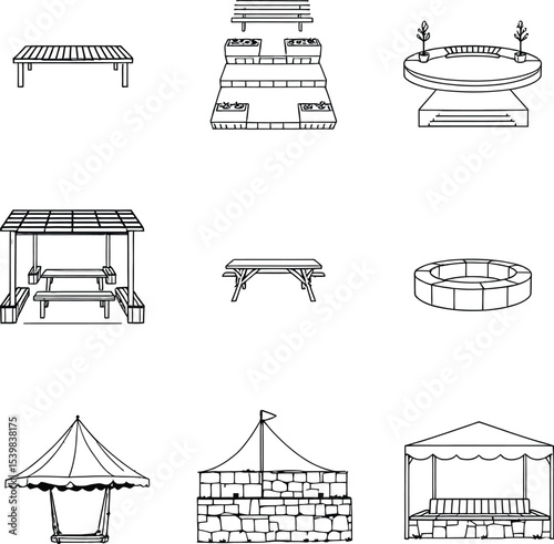 Black-and-White Vector Illustrations of Garden Furniture and Outdoor Structures – Perfect for Patio and Landscape Design