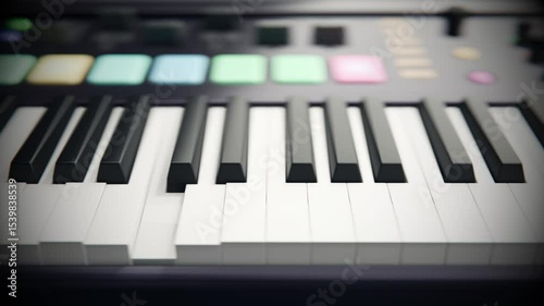 Digital midi key piano camera pan, cinematic. Keys midi. Music and learning, close up, music background, skill home lesson. 3d rendering