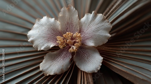 Close Up of Delicate White Flower on Brown Palm Leaf