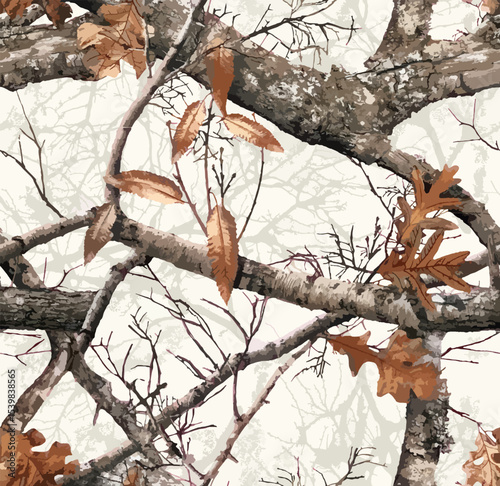 Realistic forest camouflage. Seamless pattern. Conifer tree, branches and leaves. Useable for hunting and military purposes.