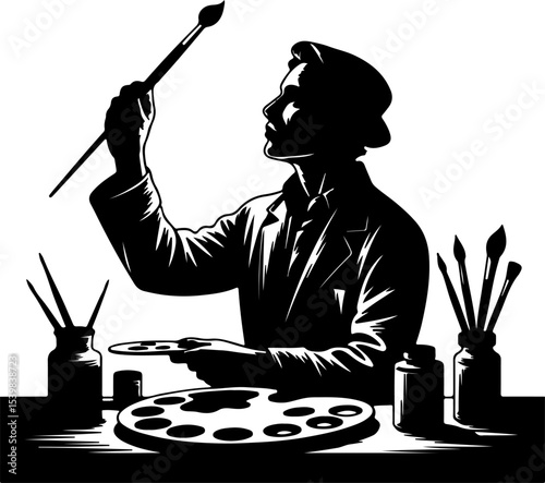 Focused Artist Painting with Palette