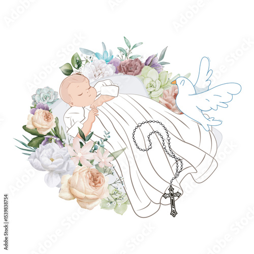 Baptism Invitation with Cross Design and Flowers. Baptized child ornament. Vector design.