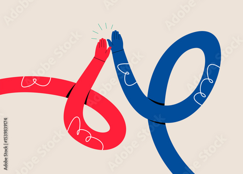 Funny long hand high five sign. Colorful vector illustration