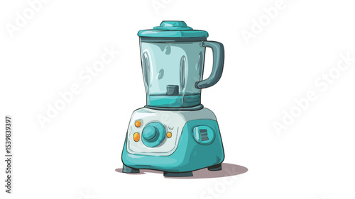 A digital illustration of a teal-colored blender. The blender is depicted in a cartoonish style with a slightly rounded design. It features a transparent jar, a teal base with simple control knobs,
