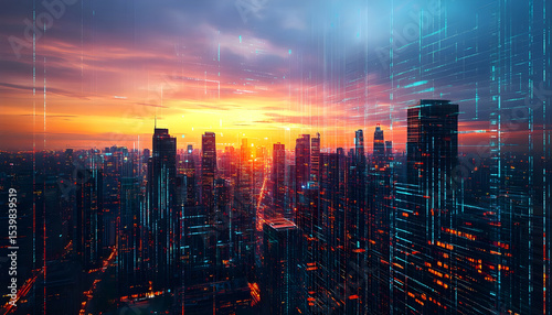 Wallpaper Mural Smart future city skyline at sunset - Abstract technology futuristic cityscape at night - Modern skyscrapers background Torontodigital.ca